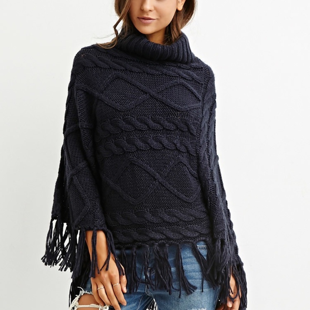 Women's Blue Cable Knit Turtleneck Poncho